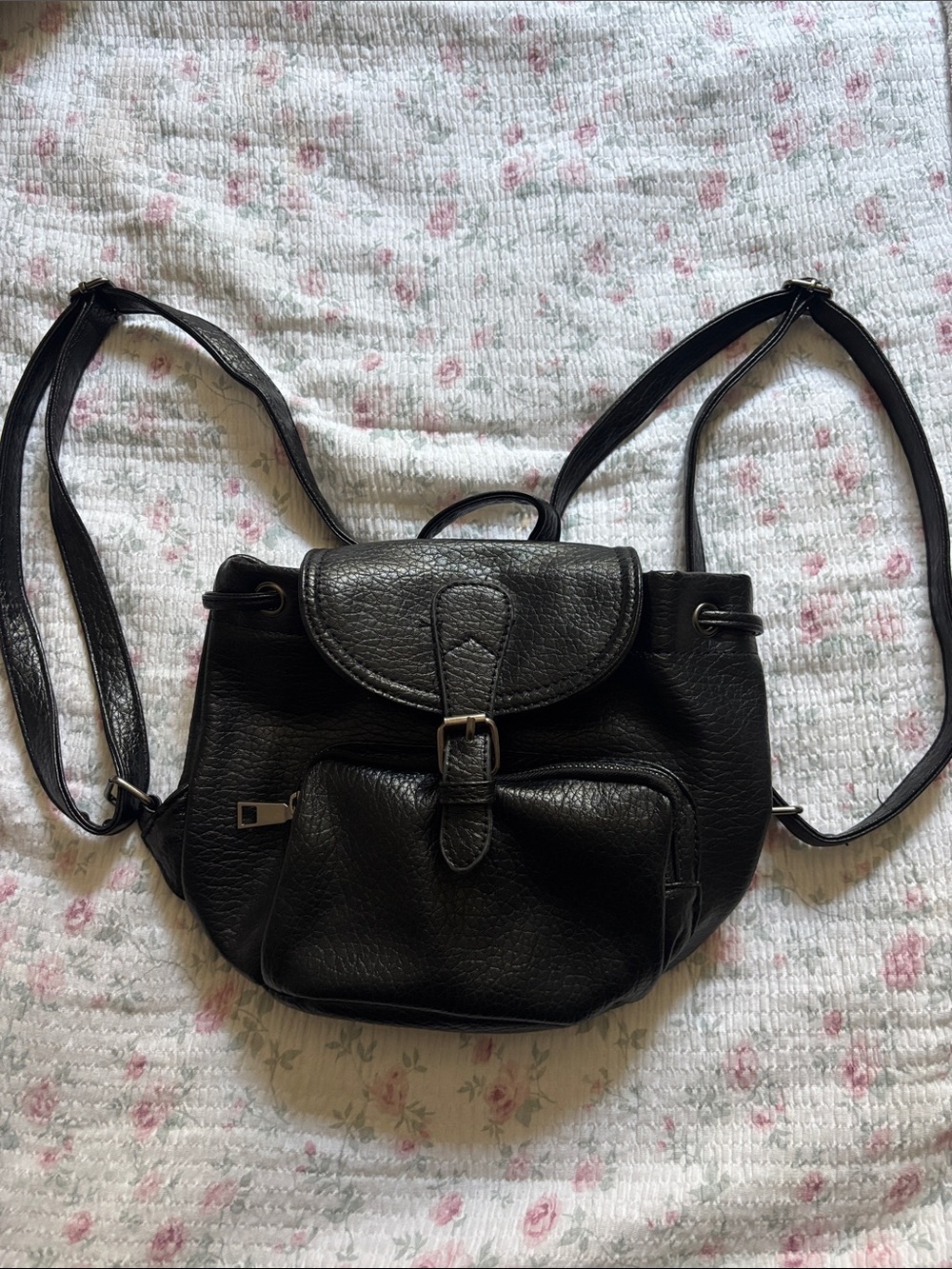 Black Leather Drawstring Backpack Purse